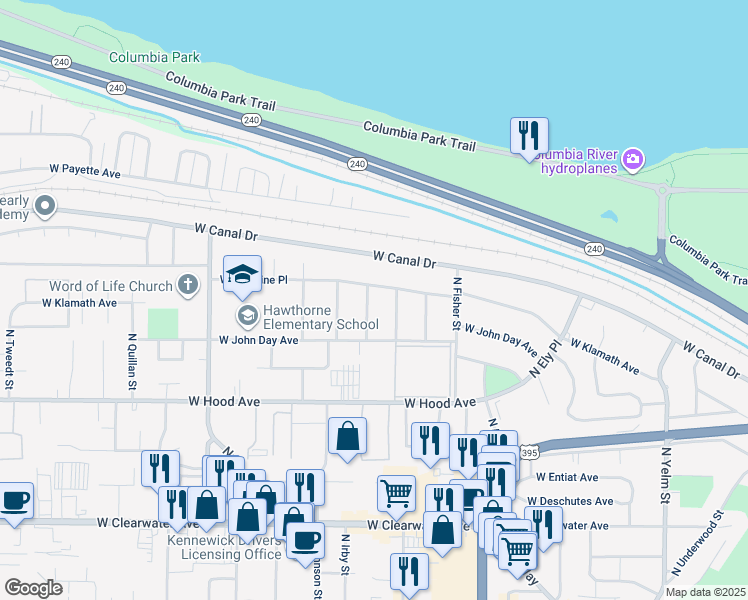 map of restaurants, bars, coffee shops, grocery stores, and more near 810 North Irby Street in Kennewick