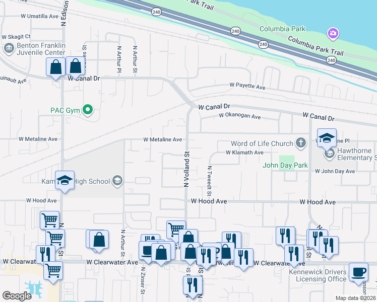 map of restaurants, bars, coffee shops, grocery stores, and more near 802 North Volland Street in Kennewick