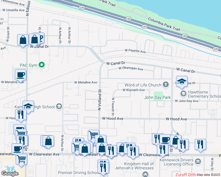 map of restaurants, bars, coffee shops, grocery stores, and more near 4315 West Metaline Avenue in Kennewick