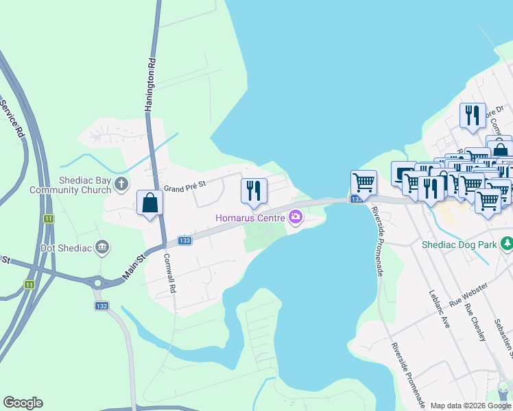 map of restaurants, bars, coffee shops, grocery stores, and more near 20 Rue Inglis in Shédiac