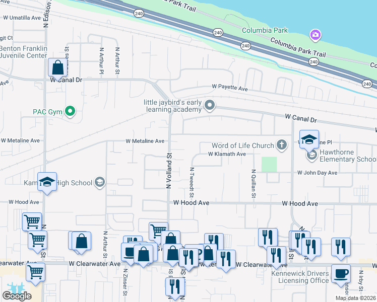 map of restaurants, bars, coffee shops, grocery stores, and more near 801 North Tweedt Street in Kennewick