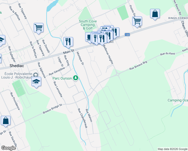 map of restaurants, bars, coffee shops, grocery stores, and more near 73 Laforest Street in Shediac