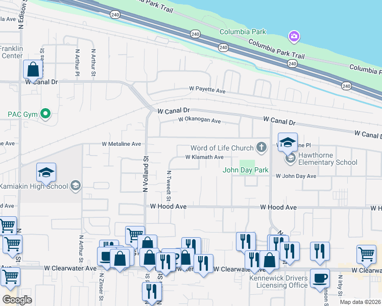 map of restaurants, bars, coffee shops, grocery stores, and more near 801 North Tweedt Street in Kennewick