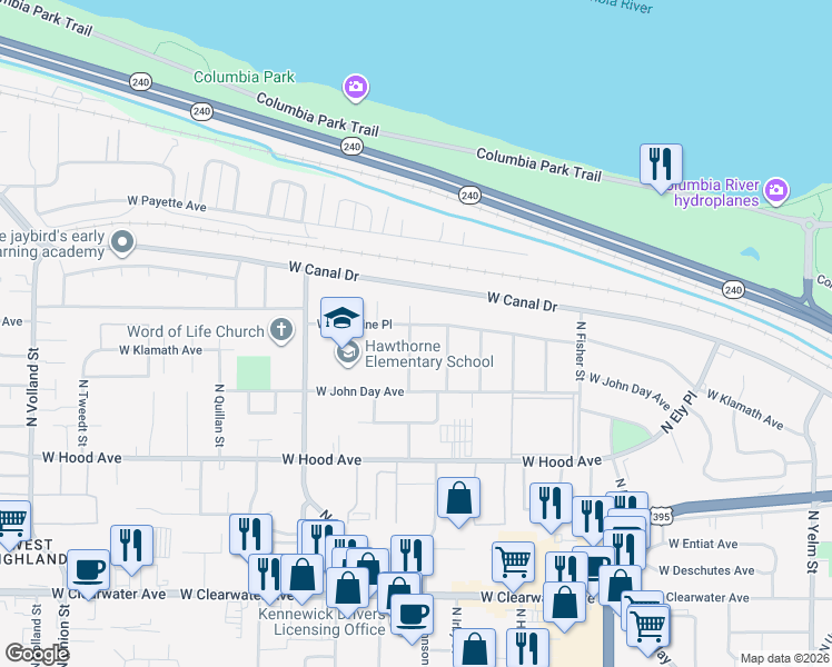 map of restaurants, bars, coffee shops, grocery stores, and more near 3319 West Metaline Place in Kennewick