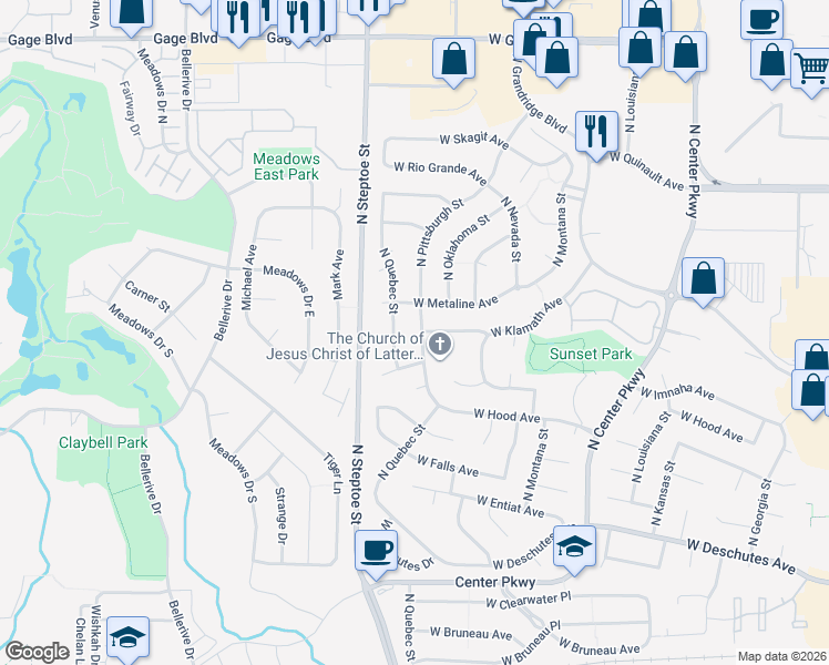 map of restaurants, bars, coffee shops, grocery stores, and more near 802 North Quebec Street in Kennewick