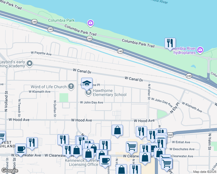 map of restaurants, bars, coffee shops, grocery stores, and more near 3319 West Metaline Place in Kennewick
