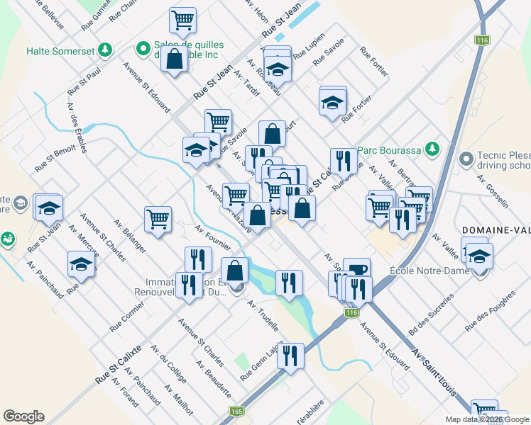 map of restaurants, bars, coffee shops, grocery stores, and more near 1578 Avenue Saint Edouard in Plessisville