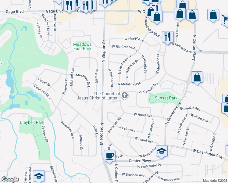 map of restaurants, bars, coffee shops, grocery stores, and more near 802 North Quebec Street in Kennewick