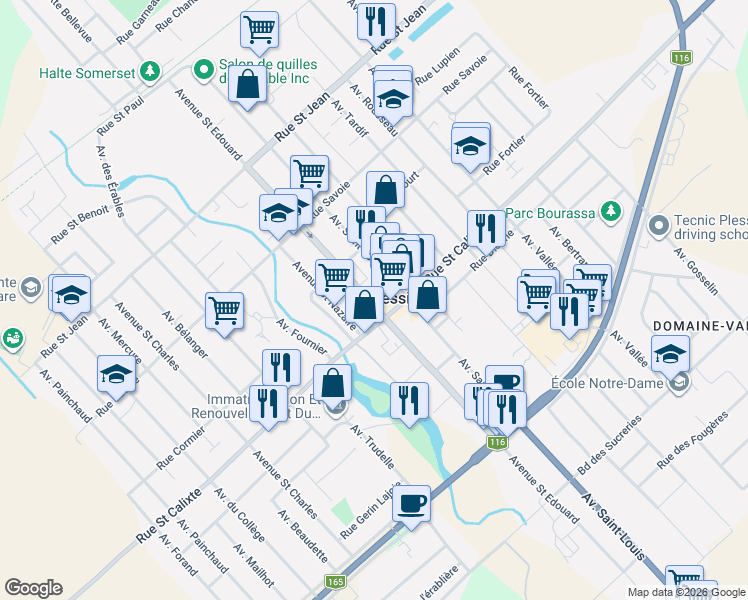 map of restaurants, bars, coffee shops, grocery stores, and more near 1578 Avenue Saint Edouard in Plessisville