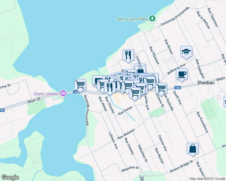 map of restaurants, bars, coffee shops, grocery stores, and more near 298 Main Street in Shediac