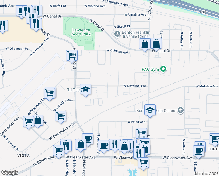 map of restaurants, bars, coffee shops, grocery stores, and more near 5629 West Metaline Avenue in Kennewick
