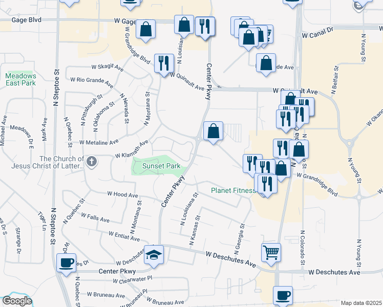 map of restaurants, bars, coffee shops, grocery stores, and more near 725 North Center Parkway in Kennewick