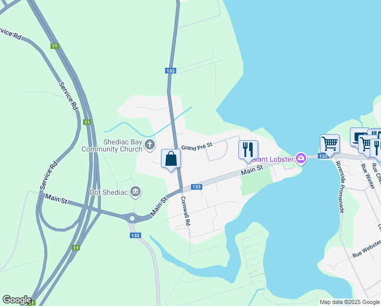 map of restaurants, bars, coffee shops, grocery stores, and more near 127 Grand Pré Street in Shediac
