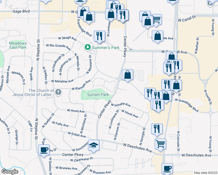 map of restaurants, bars, coffee shops, grocery stores, and more near 725 North Center Parkway in Kennewick