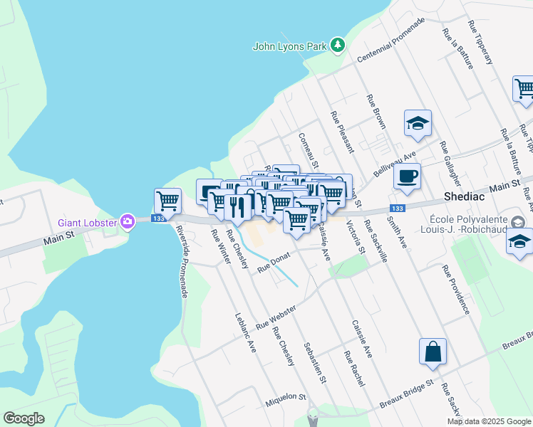map of restaurants, bars, coffee shops, grocery stores, and more near 318 Main Street in Shediac