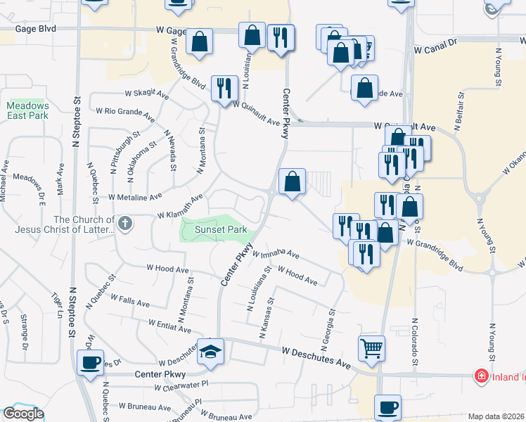 map of restaurants, bars, coffee shops, grocery stores, and more near 8112 West Grandridge Boulevard in Kennewick
