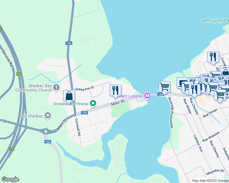 map of restaurants, bars, coffee shops, grocery stores, and more near 20 Rue Inglis in Shédiac