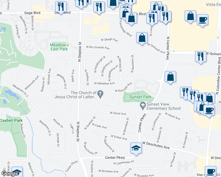 map of restaurants, bars, coffee shops, grocery stores, and more near 8802 West Klamath Avenue in Kennewick