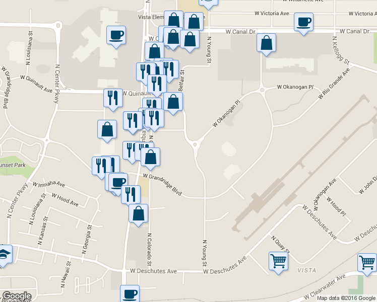 map of restaurants, bars, coffee shops, grocery stores, and more near 925 North Young Street in Kennewick