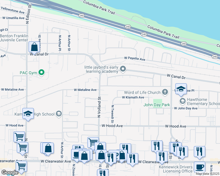 map of restaurants, bars, coffee shops, grocery stores, and more near 4315 West Metaline Avenue in Kennewick