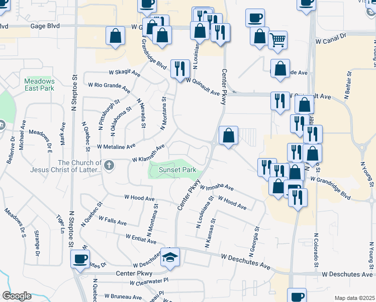 map of restaurants, bars, coffee shops, grocery stores, and more near 725 North Center Parkway in Kennewick