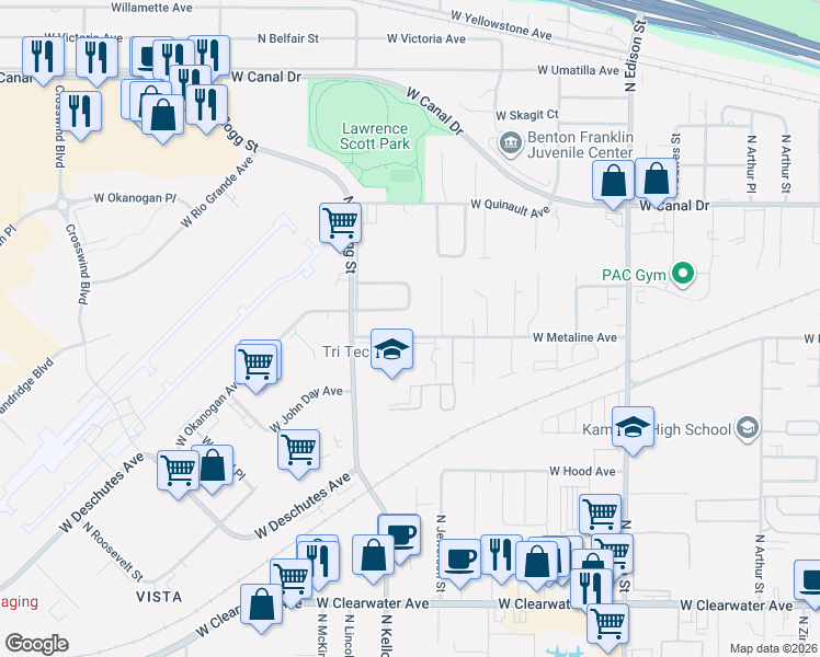 map of restaurants, bars, coffee shops, grocery stores, and more near 5918 West Metaline Avenue in Kennewick