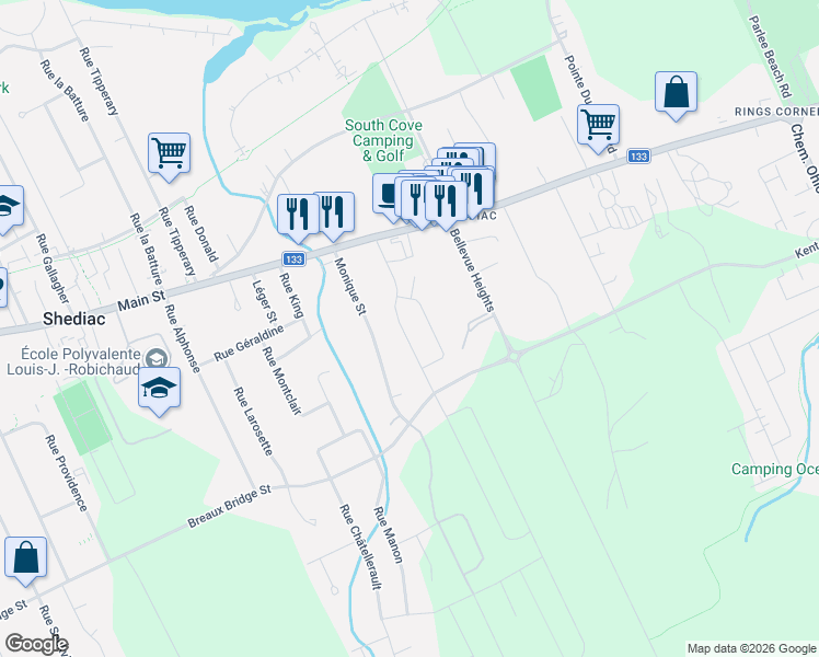 map of restaurants, bars, coffee shops, grocery stores, and more near 54 Laforest Street in Shediac