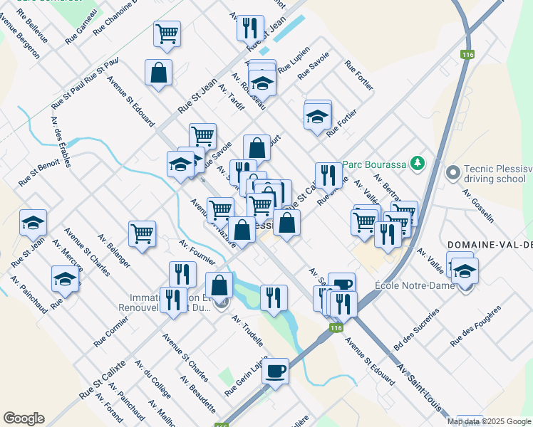 map of restaurants, bars, coffee shops, grocery stores, and more near in Plessisville