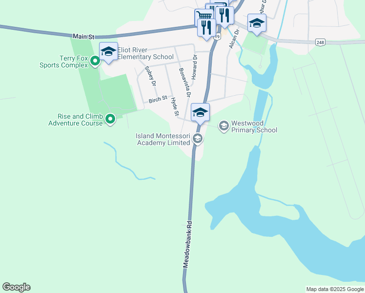 map of restaurants, bars, coffee shops, grocery stores, and more near 86 Bonavista Drive in Cornwall