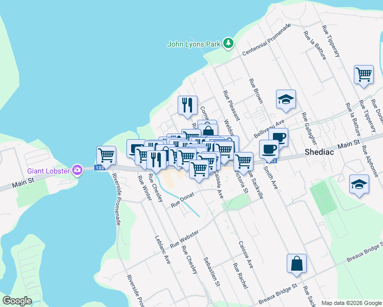 map of restaurants, bars, coffee shops, grocery stores, and more near 20 Rue Hamilton in Shédiac