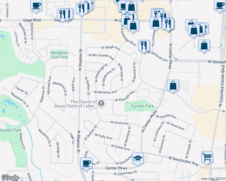 map of restaurants, bars, coffee shops, grocery stores, and more near 1002 North Oklahoma Place in Kennewick