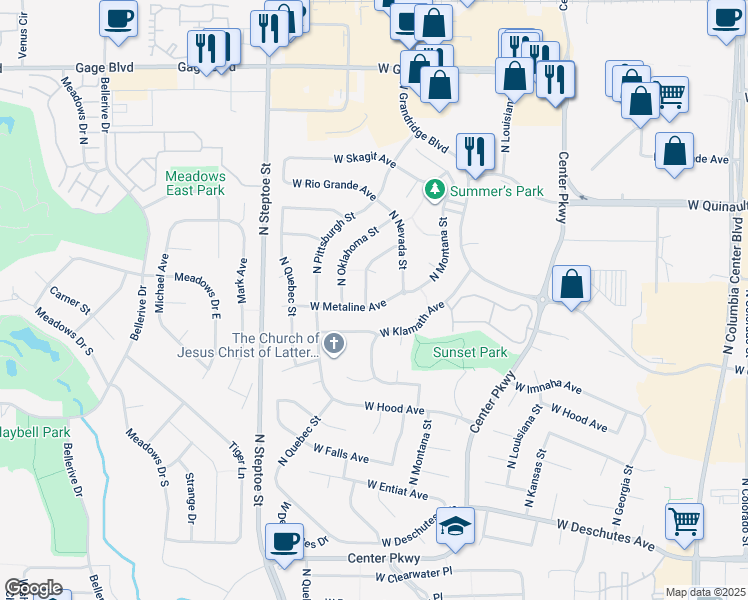 map of restaurants, bars, coffee shops, grocery stores, and more near 1002 North Oklahoma Place in Kennewick