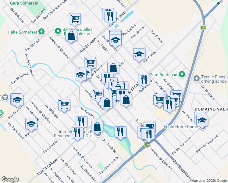 map of restaurants, bars, coffee shops, grocery stores, and more near 1622 Avenue Saint-Louis in Plessisville