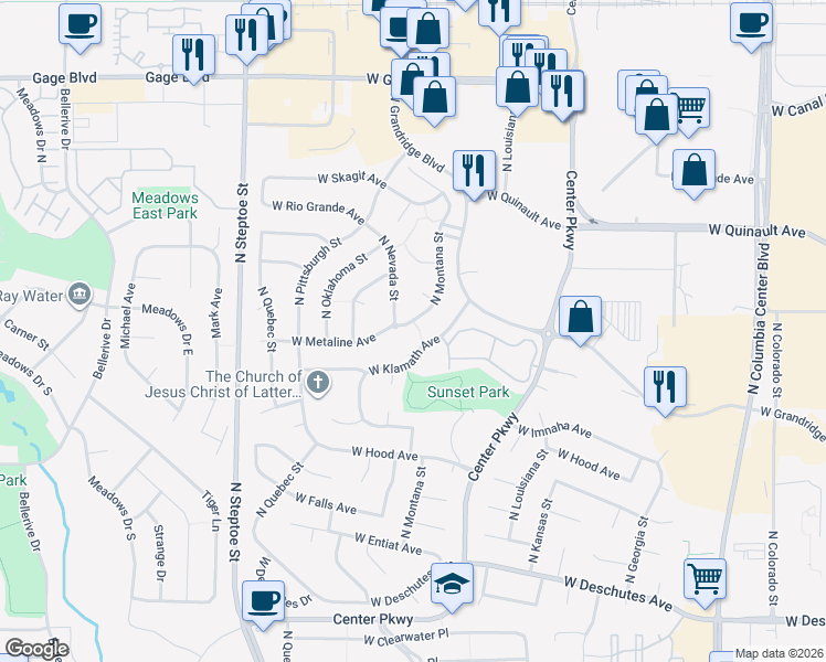 map of restaurants, bars, coffee shops, grocery stores, and more near 1006 North Nevada Street in Kennewick