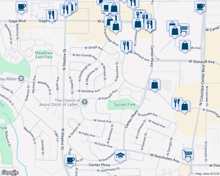 map of restaurants, bars, coffee shops, grocery stores, and more near 1006 North Nevada Street in Kennewick