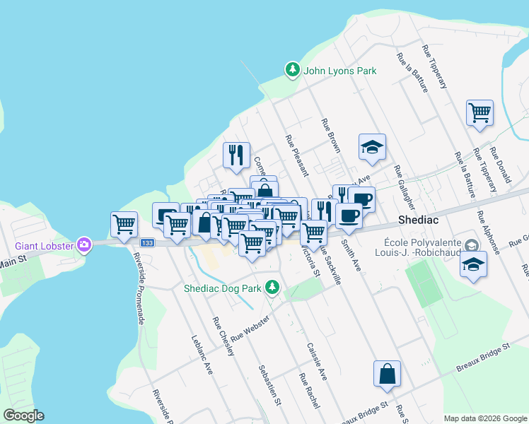 map of restaurants, bars, coffee shops, grocery stores, and more near 342 Main Street in Shediac