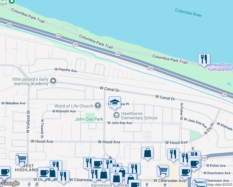 map of restaurants, bars, coffee shops, grocery stores, and more near 3517 West Canal Drive in Kennewick