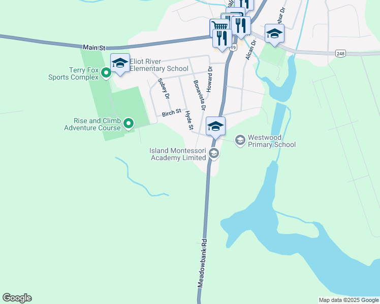 map of restaurants, bars, coffee shops, grocery stores, and more near 75 Bonavista Drive in Cornwall