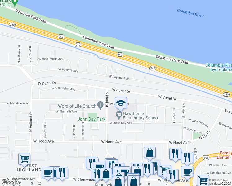 map of restaurants, bars, coffee shops, grocery stores, and more near 3517 West Canal Drive in Kennewick