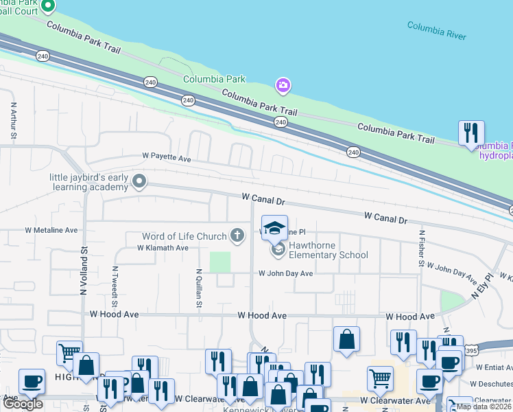 map of restaurants, bars, coffee shops, grocery stores, and more near 3623 West Canal Drive in Kennewick