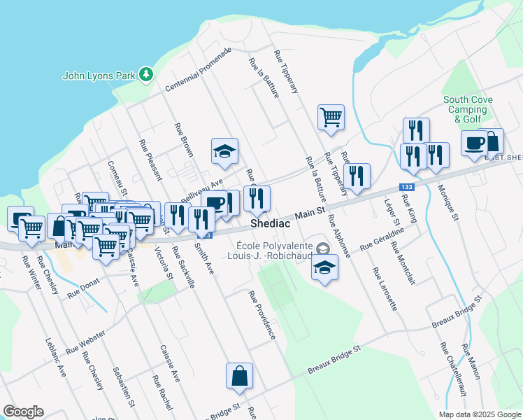 map of restaurants, bars, coffee shops, grocery stores, and more near 15 Rue Gallagher in Shédiac