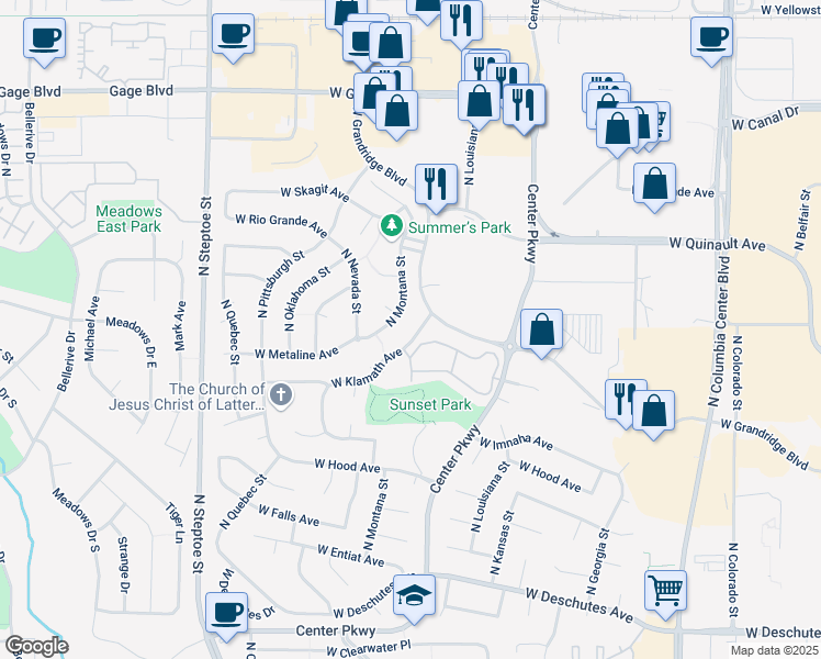 map of restaurants, bars, coffee shops, grocery stores, and more near 1136 North Montana Street in Kennewick