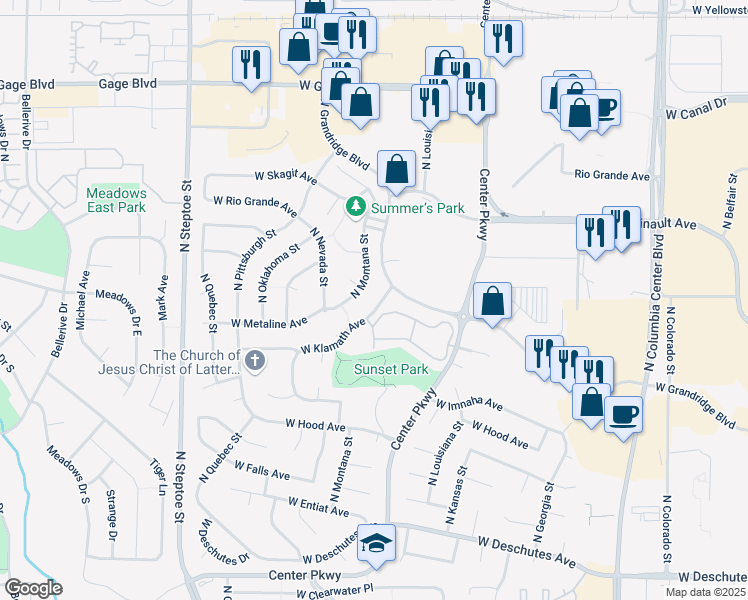 map of restaurants, bars, coffee shops, grocery stores, and more near 1136 North Montana Street in Kennewick