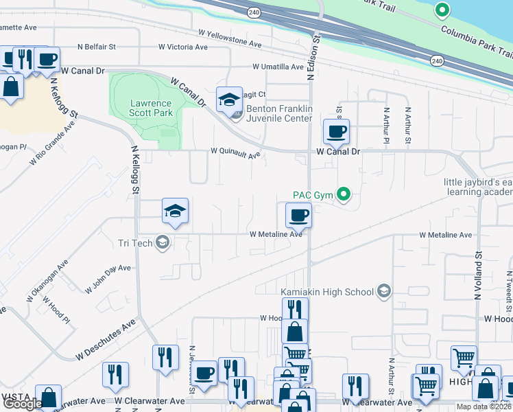 map of restaurants, bars, coffee shops, grocery stores, and more near 1101 North Fillmore Place in Kennewick