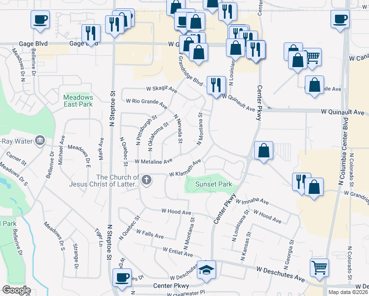 map of restaurants, bars, coffee shops, grocery stores, and more near 1006 North Nevada Street in Kennewick