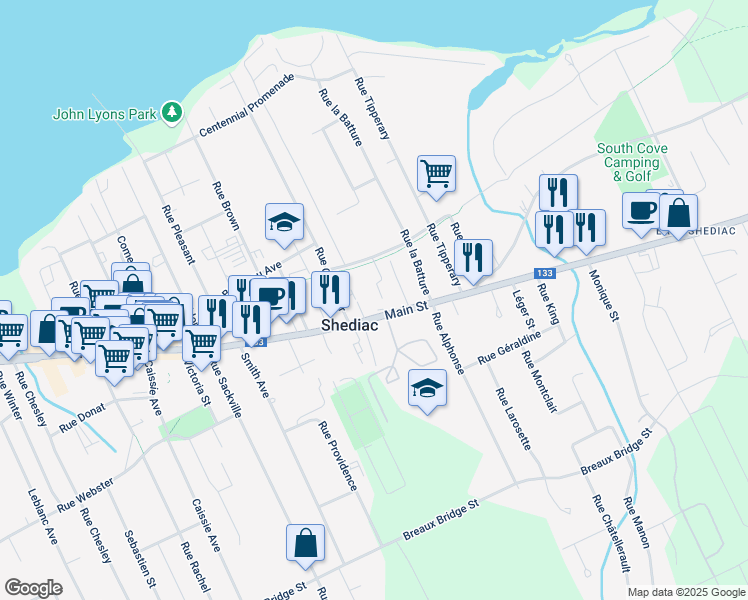 map of restaurants, bars, coffee shops, grocery stores, and more near 436 Main Street in Shediac