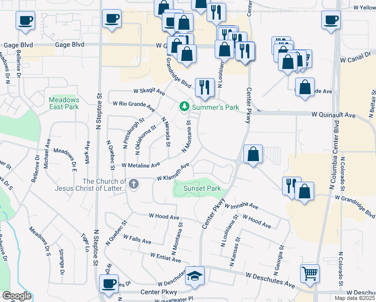 map of restaurants, bars, coffee shops, grocery stores, and more near 1136 North Montana Street in Kennewick