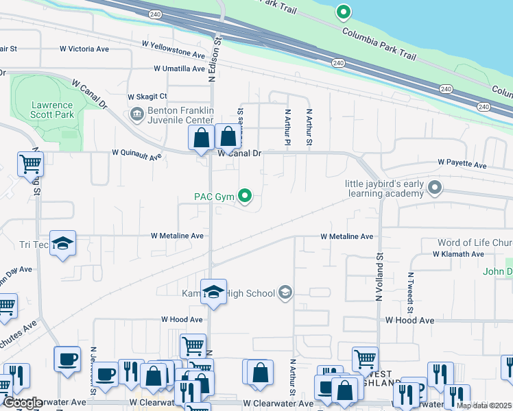 map of restaurants, bars, coffee shops, grocery stores, and more near 911 North Cleveland Street in Kennewick
