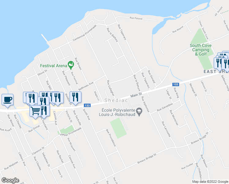 map of restaurants, bars, coffee shops, grocery stores, and more near 18 Rue Gallagher in Shédiac