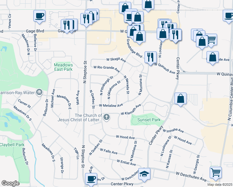 map of restaurants, bars, coffee shops, grocery stores, and more near 1002 North Oklahoma Place in Kennewick